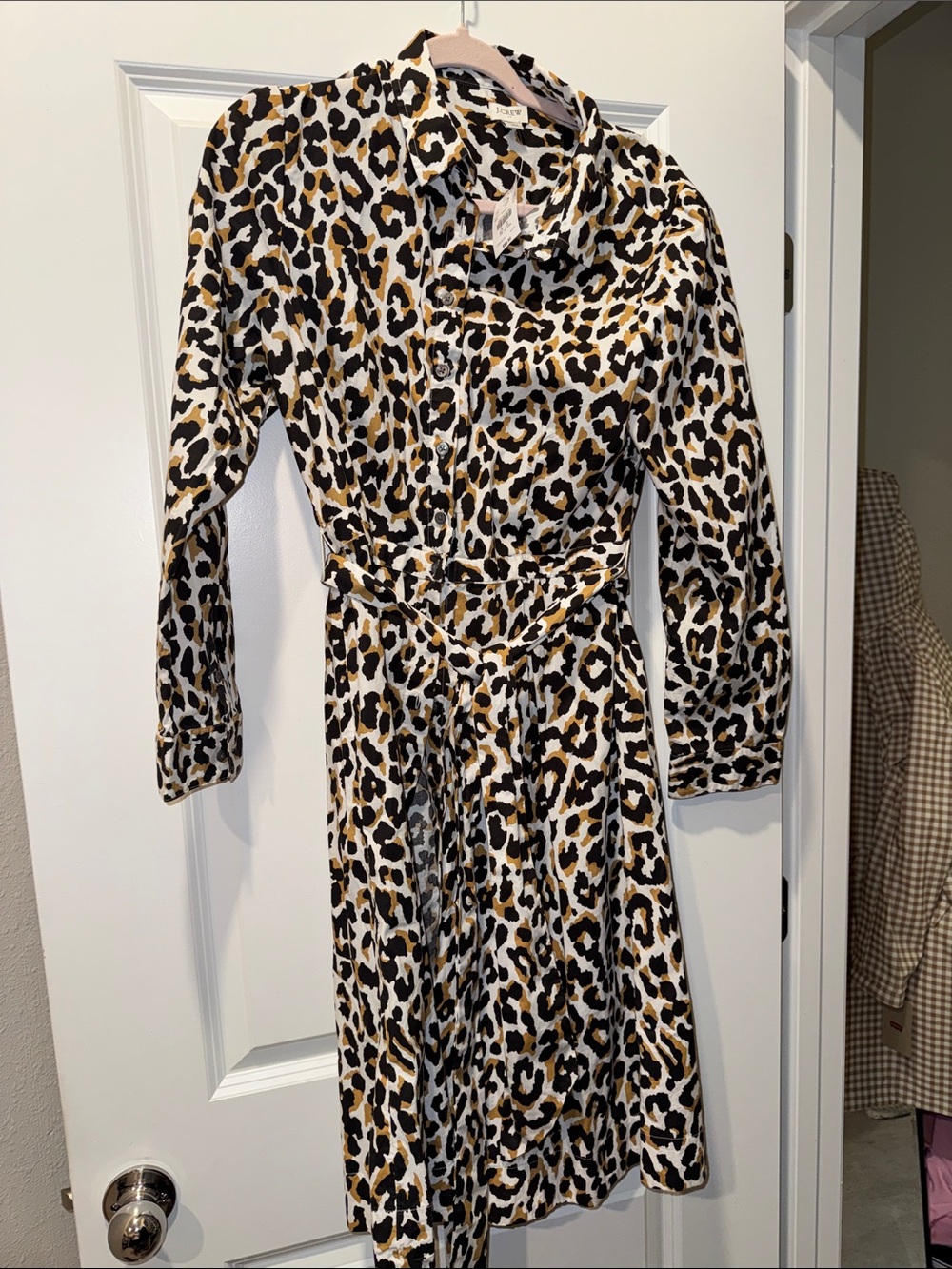 J. Crew Leopard Print Long Sleeve Shirt Dress in Black, White & Tan